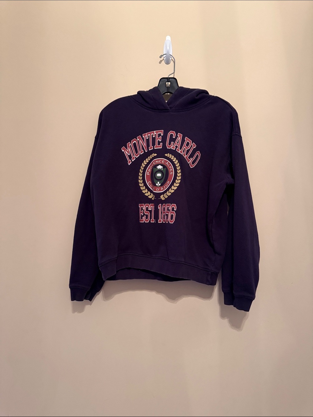 H&M Navy Blue Hoodie with Monte Carlo Est. 1856 Graphic in Burgundy Size XS